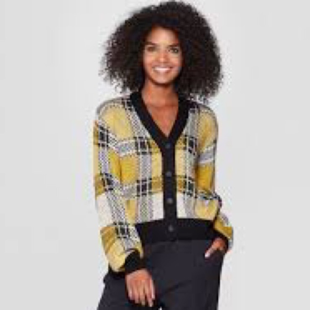 Who What Wear Yellow and Black Plaid Cardigan